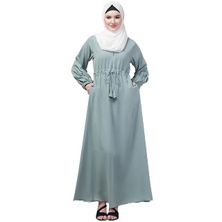 Adjustable waist Pleated Sleeves Abaya- Sage Green